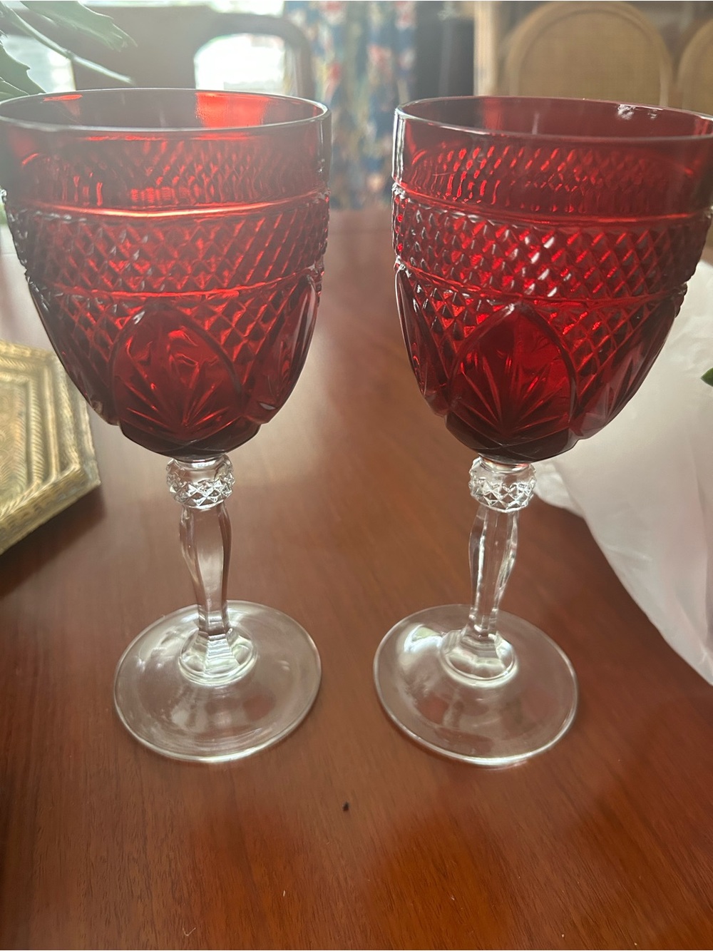 TWO RUBY RED CRYSTAL D'ARQUES FRANCE PEDESTAL STEMMED 8" WINE GOBLETS